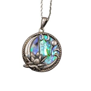 Silver Lotus Flower And Moon Phases Abalone Pendant Necklace